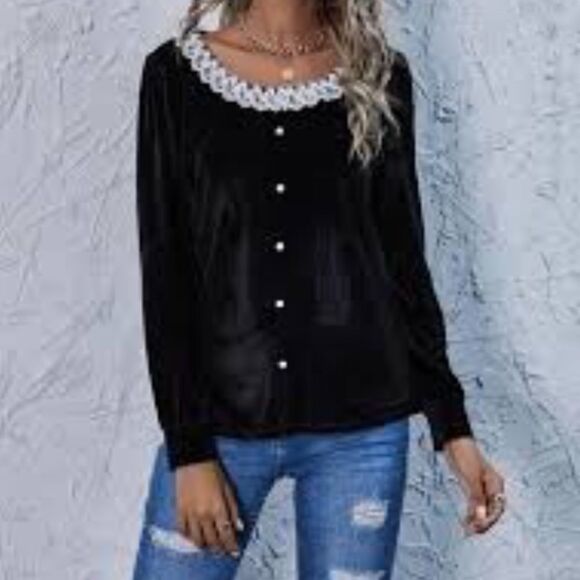 Shein Romantic Gothic Lace Trim and Pearls Velvet Long Sleeve Top Black Sz M (6) - Picture 13 of 14